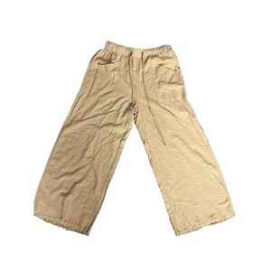GIGO USA Women Beige Wide Leg Cropped Pants Elastic Waist‎ Frayed Hem Size S